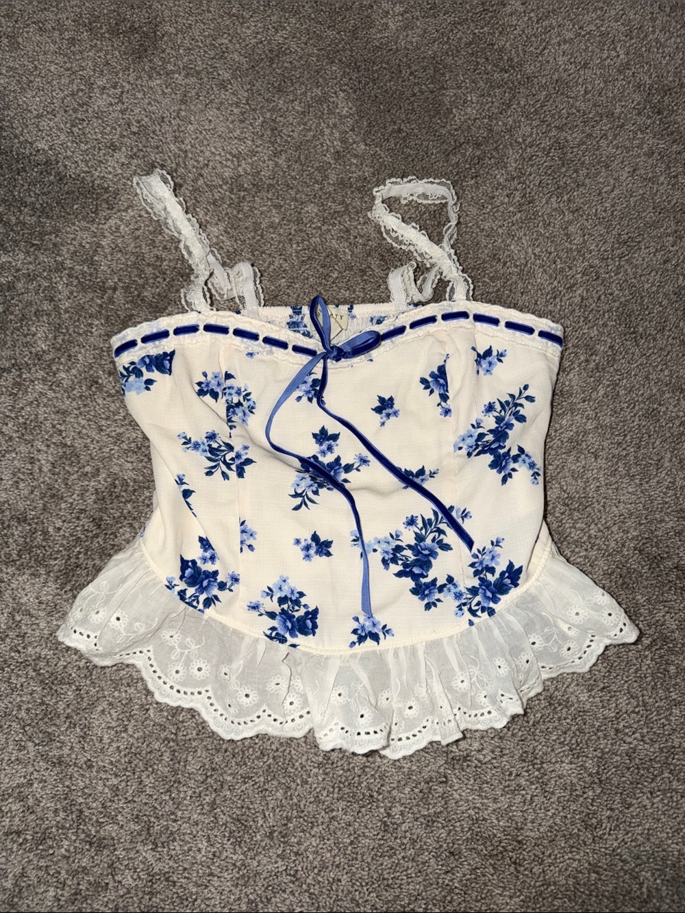 White & Blue Floral Lace-Trim Cami Top